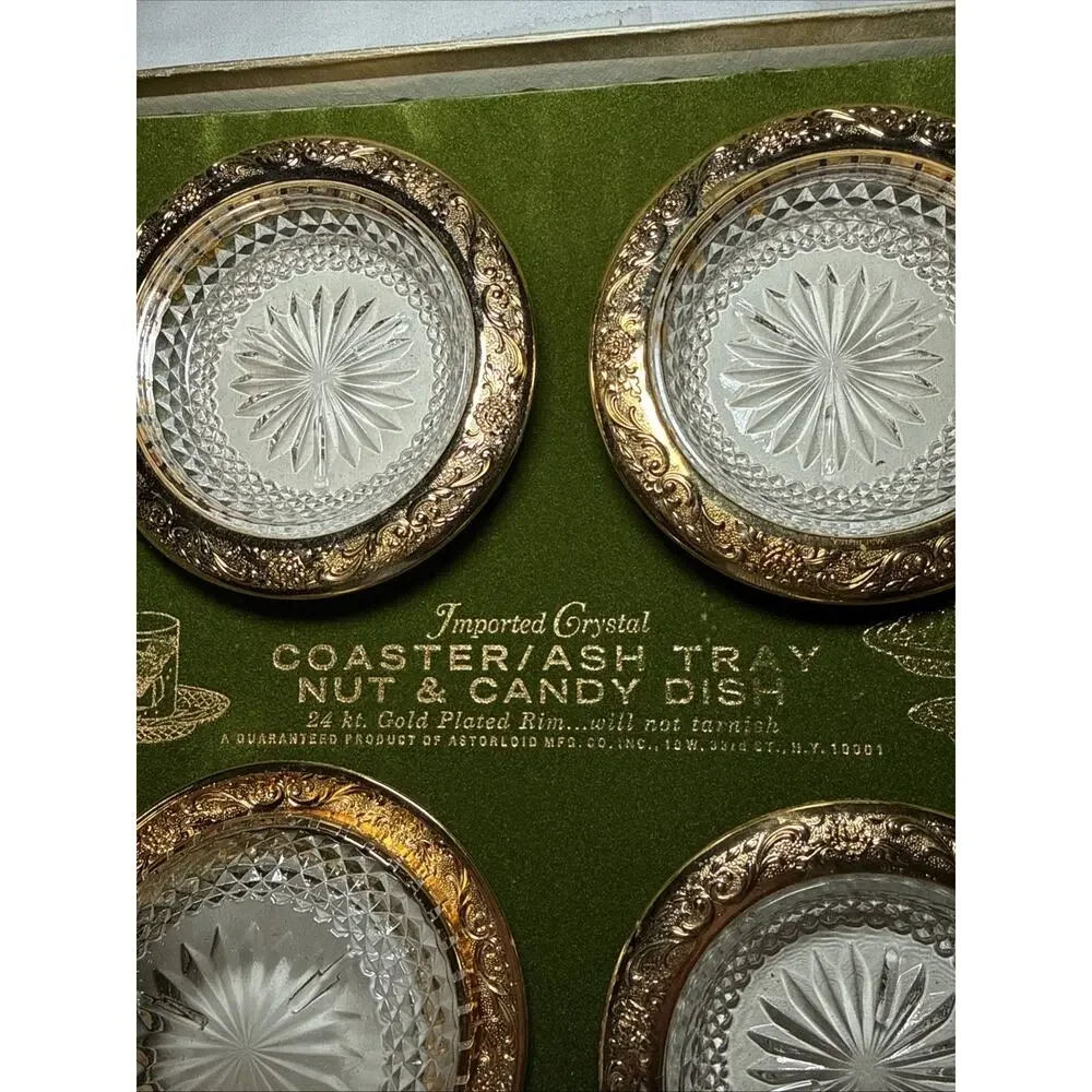 VTG Astorloid 24K Gold Plated Crystal Coasters Ashtrays Nut Dishes 4.5